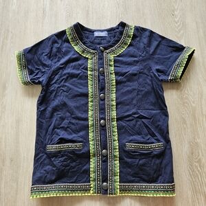 BEAMS BOY Navy Short Sleeve Pattern Embroidered Hem Design Pockets Cotton